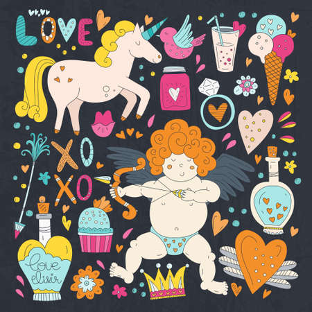 Colorful set of romantic vector elements. Handdrawn doodle Valentineâs day characters and illustrations. Cute save the date or wedding card design elements.のイラスト素材