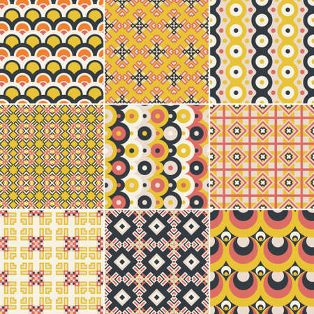 Set of nine vector seamless geometrical patterns. Vintage textures. Decorative background for cards, invitations, web design. Retro digital paper.のイラスト素材