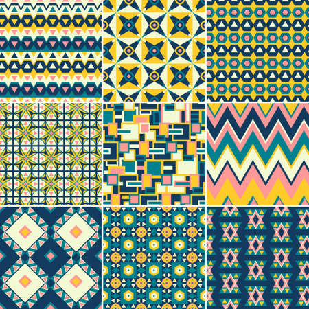 Set of nine vector seamless geometrical patterns. Vintage textures. Decorative background for cards, invitations, web design. Retro digital paper.のイラスト素材
