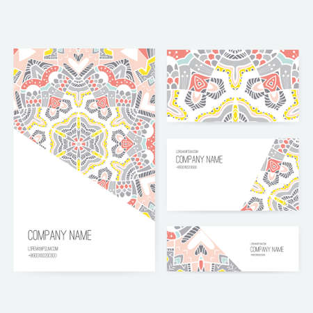 Set of business card and invitation card templates with lace ornament. Vector background. Indian, Arabic, Islam motifs. Vintage design elements. Wedding or save the date hand drawn background.のイラスト素材