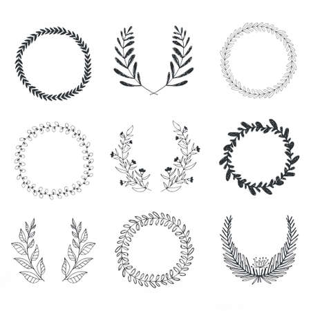 Collection of handdrawn laurels and wreaths. Floral wreath with copyspace for your text. Save the date, wedding or invitation card design element. Valentineâs card design template.のイラスト素材