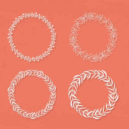 Round handdrawn wreaths on texturized vintage background. Collection of clip art vector bouquets. Romantic wreath with copyspace for your text.のイラスト素材