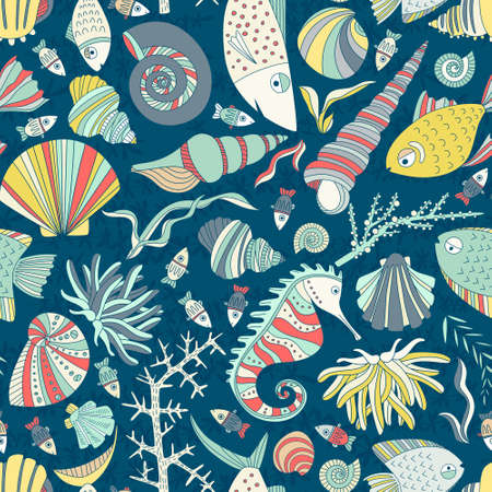 Vector seamless pattern with hand drawn fishes, corrals, shells, seaweeds, sea-horse and other underwater creatures. Ocean background. Tropical sea life design.のイラスト素材
