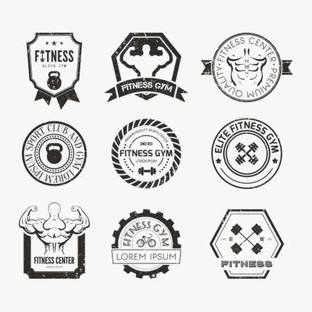 Set of different sports and fitness logo templates. Gym logotypes. Athletic labels and badges made in vector. Bodybuilder, fit man, athlet icon.のイラスト素材