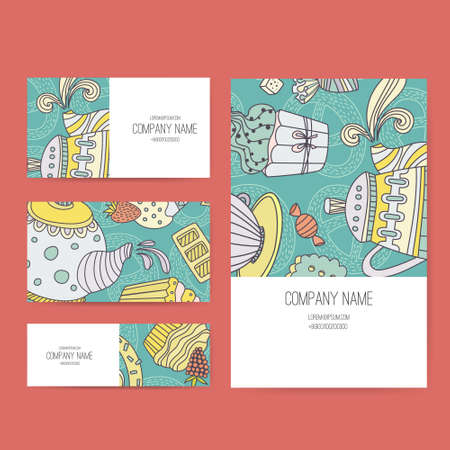 Vector business set template with cute hand drawn dessert illustrations. Restaurant or cafe branding elements. Flyer design with cupcakes and sweets.のイラスト素材