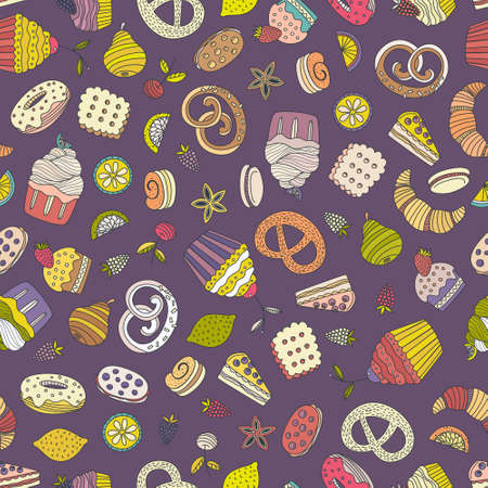 Sweet seamless pattern with different desserts: cupcake, ice cream, pie, fruits. Doodle style hand drawn vector background. Restaurant menu or tea party background.のイラスト素材