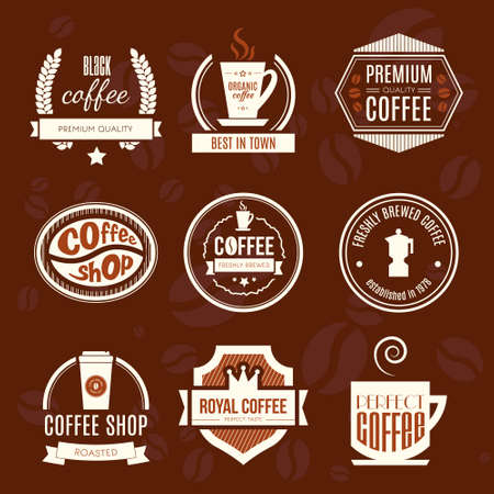 Vector set of coffee shop logos, restaurant or bar logotype design elements with mugs and beans. Ribbons, circle shapes, lables, insignias with coffee related elements. Vintage and retro styled quality badges.のイラスト素材
