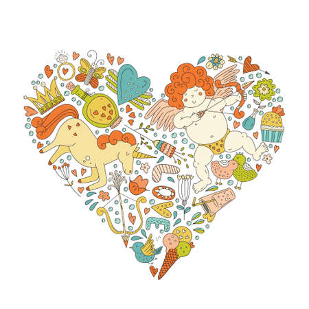 Cute vector romantic card template with a heart made of the most romantic symbols - cupid, ring, hearts, loving birds, sweet ice cream. Valentines day doodle style card.のイラスト素材