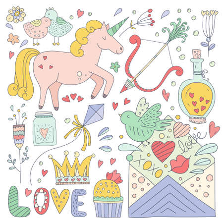 Set of romantic vector elements. Handdrawn doodle Valentineâs day characters and illustrations. Cute save the date or wedding card design elements.のイラスト素材