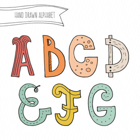 Cute hand drawn alphabet for kids made in vector. Doodle letters A, B, C, D, E, F, G for your design. Isolated characters. Handdrawn font.のイラスト素材