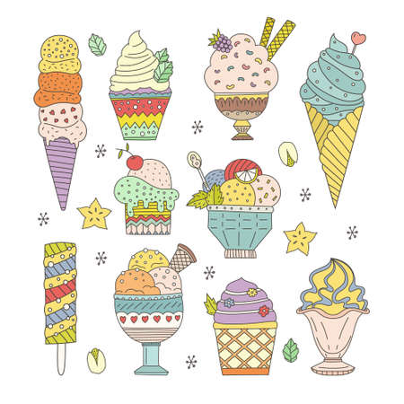 Collection of cute vector hand drawn cartoon ice cream. Cones and ice creams with different flavours made in doodle style.のイラスト素材