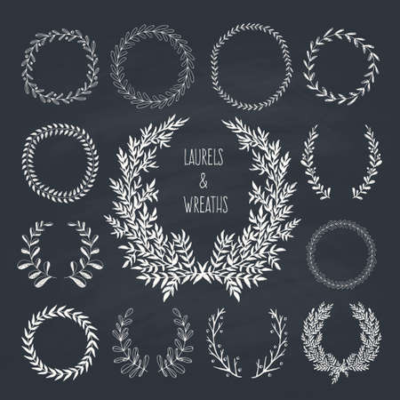 Collection of handdrawn laurels and wreaths. Floral wreath with copyspace for your text. Save the date, wedding or invitation card design element. Valentineâs card design template.のイラスト素材