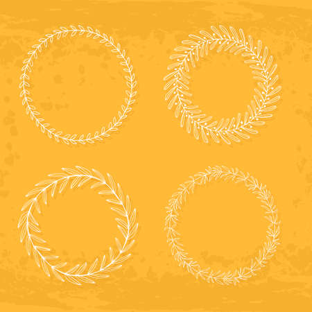 Round handdrawn wreaths on texturized vintage background. Collection of clip art vector bouquets. Romantic wreath with copyspace for your text.のイラスト素材