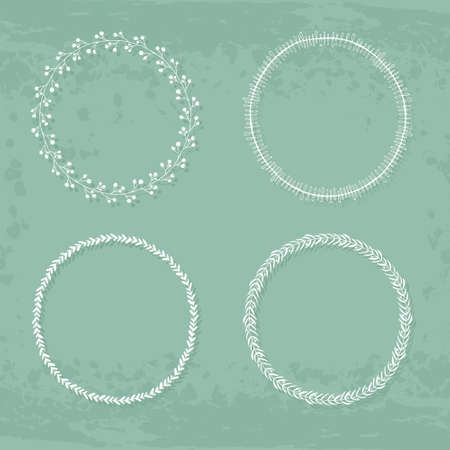 Round handdrawn wreaths on texturized vintage background. Collection of clip art vector bouquets. Romantic wreath with copyspace for your text.のイラスト素材