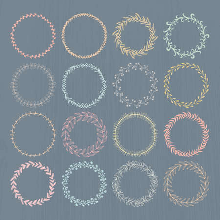 Round handdrawn wreaths on texturized vintage background. Collection of clip art vector bouquets. Romantic wreath with copyspace for your text.のイラスト素材