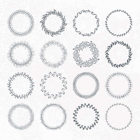 Round handdrawn wreaths on texturized vintage background. Collection of clip art vector bouquets. Romantic wreath with copyspace for your text.のイラスト素材