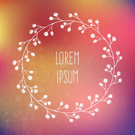 Perfect hand drawn frame on a blured vector background with a place for your text. Circle natural wreath for invitation cards, save the date, wedding card design.のイラスト素材