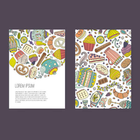 Vector business set template with cute hand drawn dessert illustrations. Restaurant or cafe branding elements. Flyer design with cupcakes and sweets.のイラスト素材