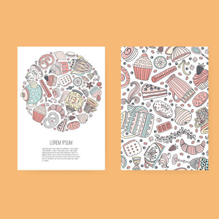 Vector business set template with cute hand drawn dessert illustrations. Restaurant or cafe branding elements. Flyer design with cupcakes and sweets.のイラスト素材