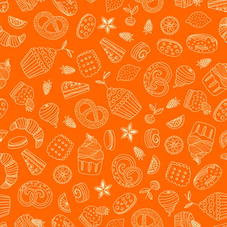 Sweet seamless pattern with different desserts: cupcake, ice cream, pie, fruits. Doodle style hand drawn vector background. Restaurant menu or tea party background.のイラスト素材