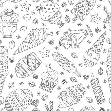 Cute hand drawn seamless pattern with different types of ice cream. Doodle texture with sweet desserts. Perfect background for cafe or restaurant menu.のイラスト素材