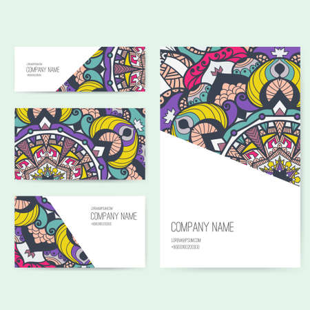 Set of business card and invitation card templates with lace ornament. Vector background. Indian, Arabic, Islam motifs. Vintage design elements. Wedding or save the date hand drawn background.のイラスト素材