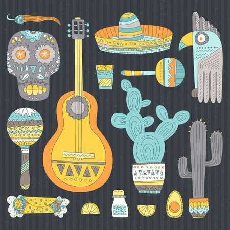 Hand drawn set of mexican symbols - guitar, sombrero, tequila, taco, skull, aztec mask, music instruments. Isolated national elements made in vector. Travel to Mexico icons for cards and web pages.のイラスト素材