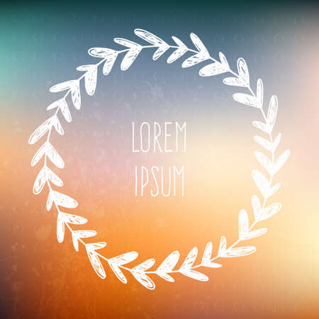 Perfect hand drawn frame on a blured vector background with a place for your text. Circle natural wreath for invitation cards, save the date, wedding card design.のイラスト素材