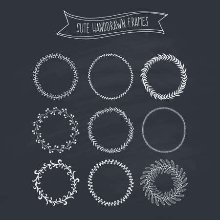 Chalkboard collection of handdrawn floral wreaths. Romantic wreath with copyspace for your text. Save the date, wedding or invitation card design element.のイラスト素材