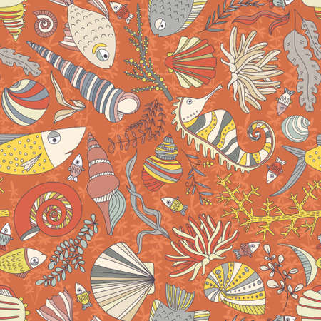 Vector seamless pattern with hand drawn fishes, corrals, shells, seaweeds, sea-horse and other underwater creatures. Ocean background. Tropical sea life design.のイラスト素材