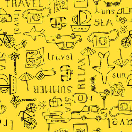 Seamless background with travel elements - photocam, bag, car, plane, sun. Vacation vector texture.のイラスト素材