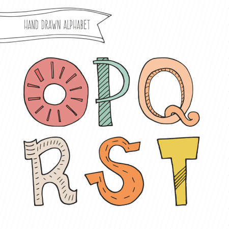 Cute hand drawn alphabet for kids, Doodle letters O, P, Q, R, S, Tのイラスト素材