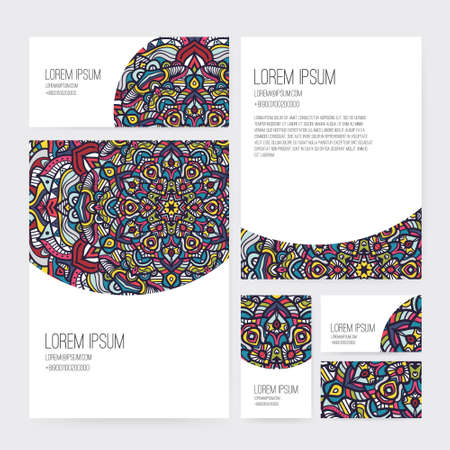 Set of business card and invitation card templates with lace ornament. Vector background. Indian, Arabic, Islam motifs. Vintage design elements. Wedding or save the date hand drawn background.のイラスト素材