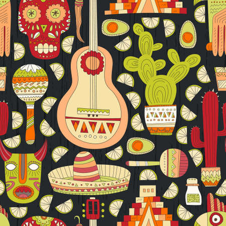 Seamless vector pattern with hand drawn mexican elements - guitar, sombrero, tequila, taco, skull, aztec mask, music instruments. Perfect artistic background for your design. Travel to Mexico texture.のイラスト素材