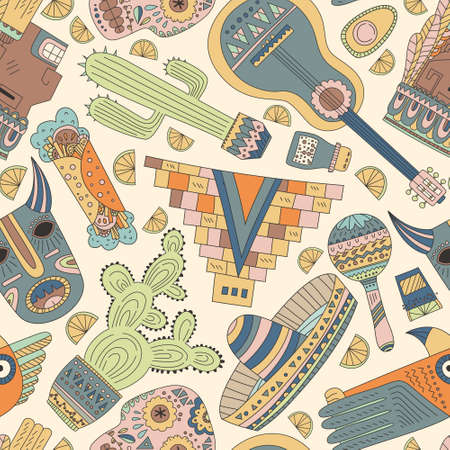 Seamless pattern with hand drawn mexican elements - guitar, sombrero, tequila, taco, skull, aztec mask, music instrumentsのイラスト素材