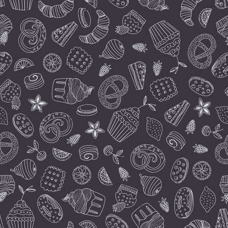 Sweet seamless pattern with different desserts: cupcake, ice cream, pie, fruitsのイラスト素材