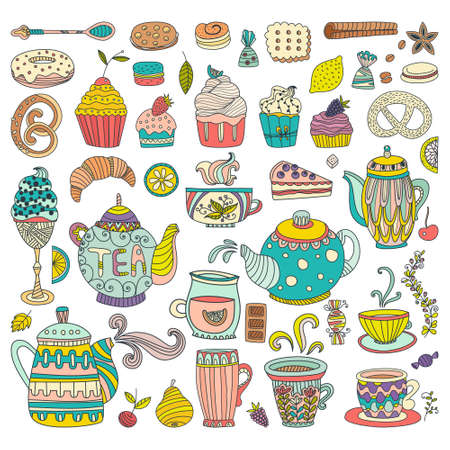 Tea, coffee and dessert isolated vector doodle elements. Baked goods and sweets for your design. Great for restaurant menu, cafe or happy birthday cards.のイラスト素材