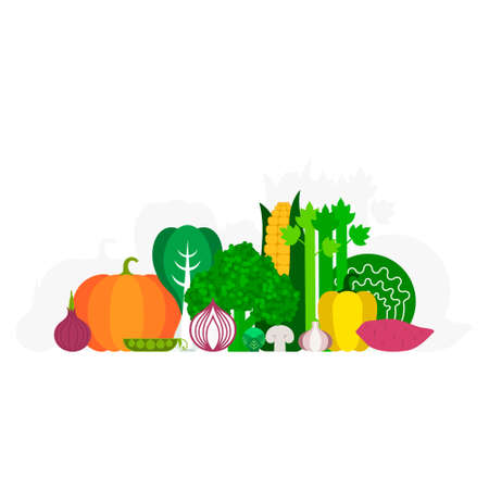 Set of fresh healthy vegetables made in flat style - each one is isolated for easy use. Healthy lifestyle or diet vector design element. Organic farm illustration.のイラスト素材