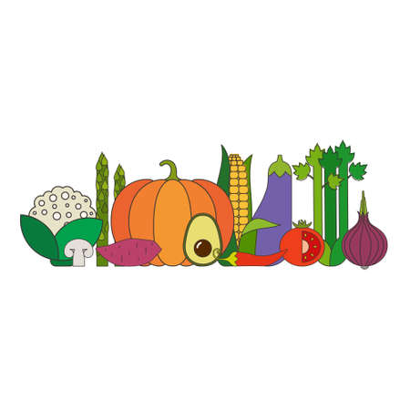 Set of fresh healthy vegetables made in flat style - each one is isolated for easy use. Healthy lifestyle or diet vector design element. Organic farm illustration.のイラスト素材