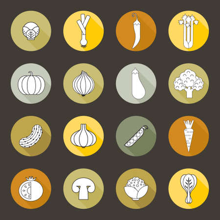 Modern flat icons with different vegetables. Green organic veggies symbols for web pages, menu and ither healthy lifestyle designs.のイラスト素材