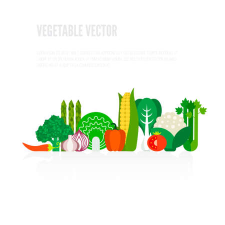 Fresh vegetables vector concept. Healthy diet flat style illustration. Isolated green food, can be used in restaurant menu, cooking books and organic farm labels.のイラスト素材