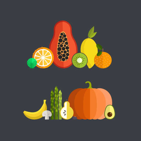 Vector collection of fresh healthy fruits and vegetables made in flat style - each one is isolated for easy use. Healthy lifestyle or diet design element.のイラスト素材