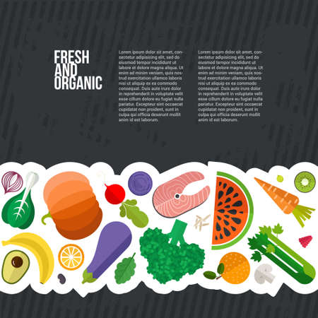 Healthy eating vector concept with flat fruits, vegetables and copyspace. Diet and organic food template. Great for healthy magazines, cooking web sites and restaurant newsletters.のイラスト素材