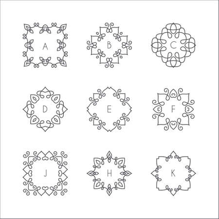Collection of monochrome monogram design templates. Floral design element. Elegant ornamental abstract vector illustration. Outline emblems and badges. Hipster templates.のイラスト素材