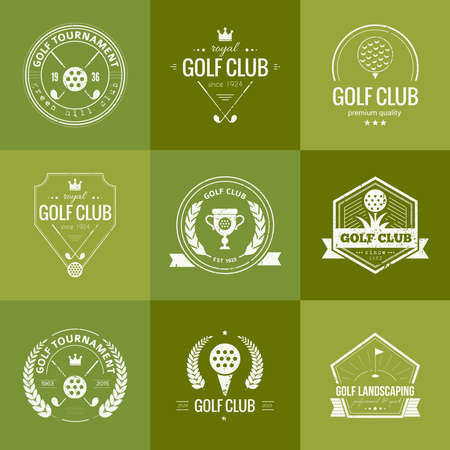 Set of golf club templates. Hipster sport labels with sample text. Elegant vintage icons for golf tournaments, organizations and golf clubs. Vector  design.のイラスト素材