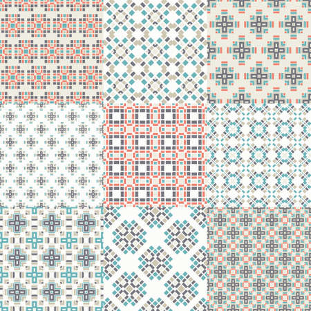 Set of nine vector seamless geometrical patterns. Vintage textures. Decorative background for cards, invitations, web design. Retro digital paper.のイラスト素材