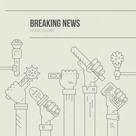 Live report illustration. Newspaper or hot news template with hands of journalists holding voice recorders and microphones. Live news vector concept with place for your text.のイラスト素材