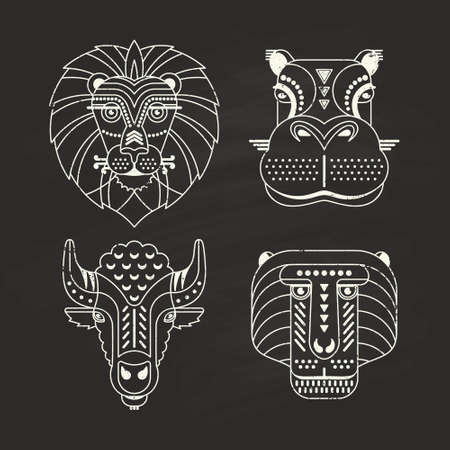Animal portraits made in unique geometrical flat style. Vector heads of lion, hippo, bison, monkey on a chalkboard. Isolated icons for your design.のイラスト素材