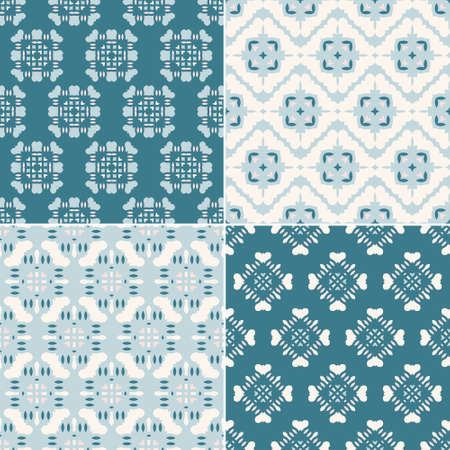 Set of four geometric seamless patterns made in ocean colors. Ornamental background for cards, invitations, web pages. Retro texture or digital paper. Abstract modern tile.のイラスト素材