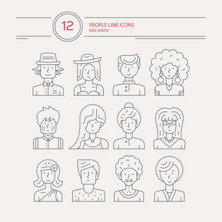 Collection of linear style people icons made in vector. Modern avatars with different characters. Hipster portraits for social media or web site. Trendy illustration of guys and girls with outlines.のイラスト素材